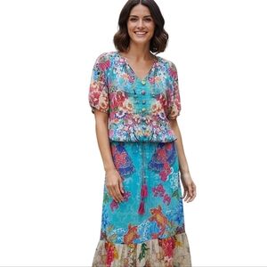 Lulalife Bright Vibrant Koi Fish Print Flowy High Low Ruffle Hem Maxi Size Small